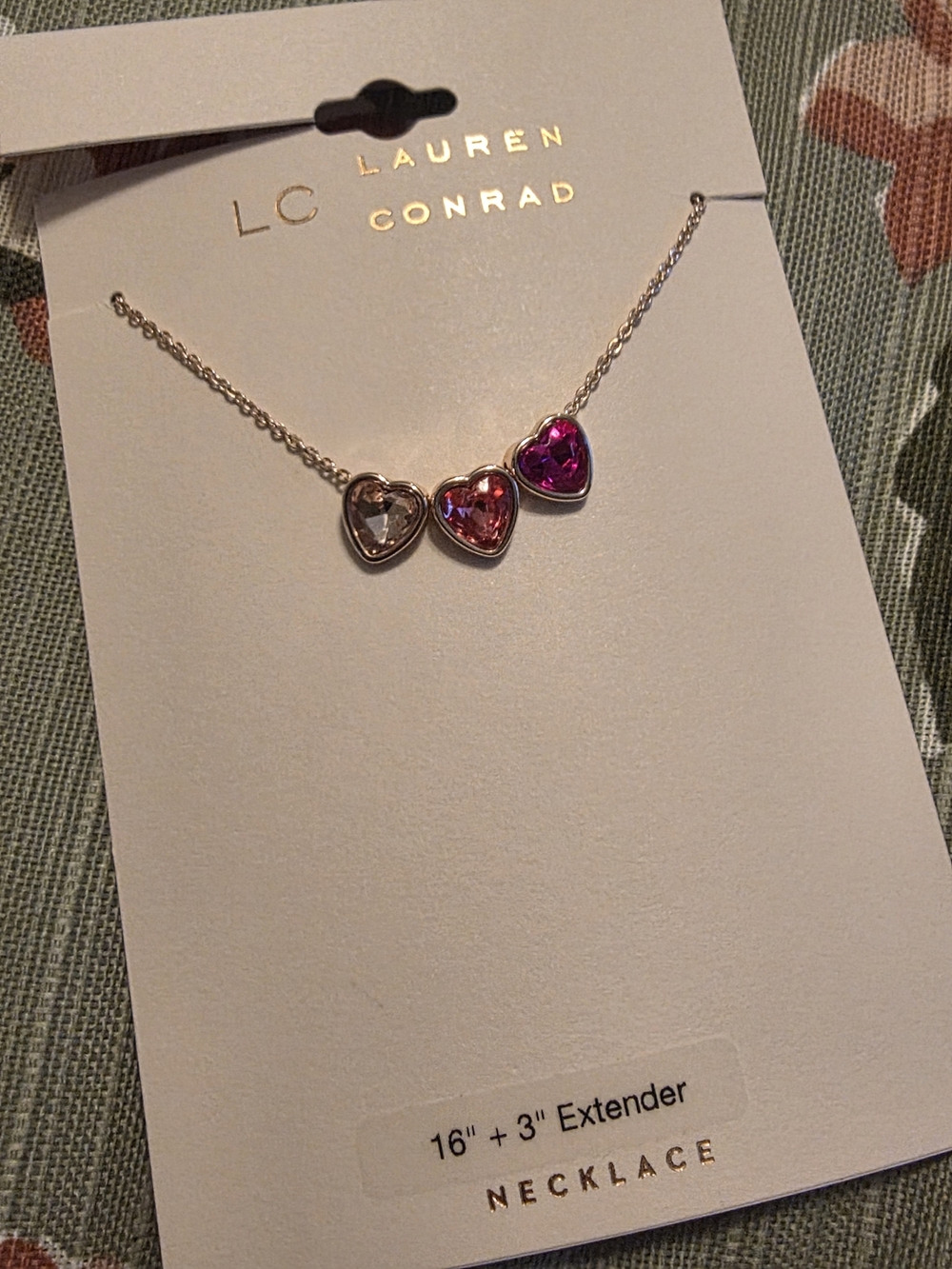NEW LC Lauren Conrad Silver Necklace with Pink and Clear Heart Stones